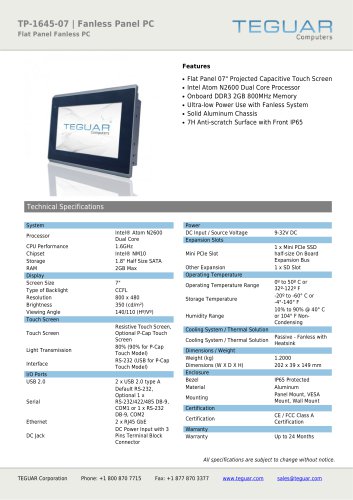 TP-1645-07 | FANLESS PANEL PC