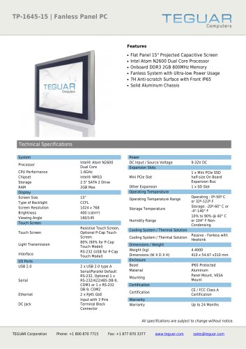 TP-1645-15 | FANLESS PANEL PC