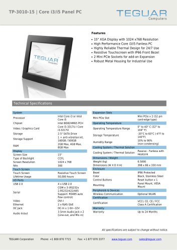 TP-3010-15 | CORE I3/I5 PANEL PC