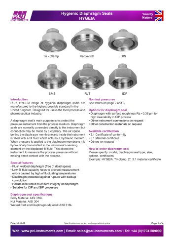 Hygienic Diaphragm Seals HYGEIA