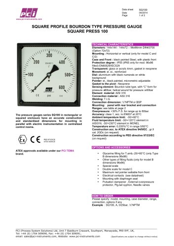 SQUARE PROFILE BOURDON TYPE PRESSURE GAUGE SQUARE PRESS 100