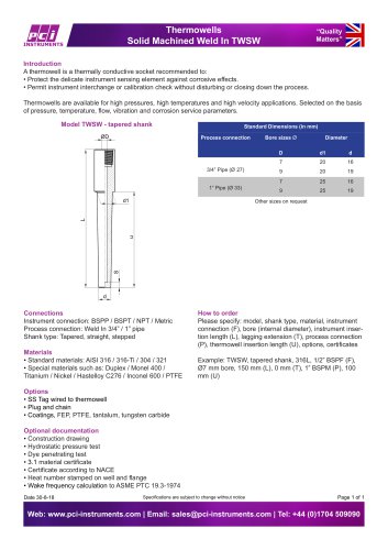 Thermowells Solid Machined Weld In TWSW