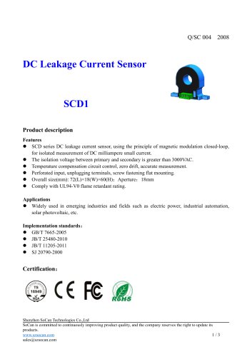 Closed-loop current sensor / DC / leakage current SCD1 Series