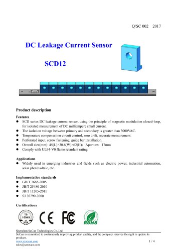 Closed-loop current sensor / DC / leakage current SCD12 Series