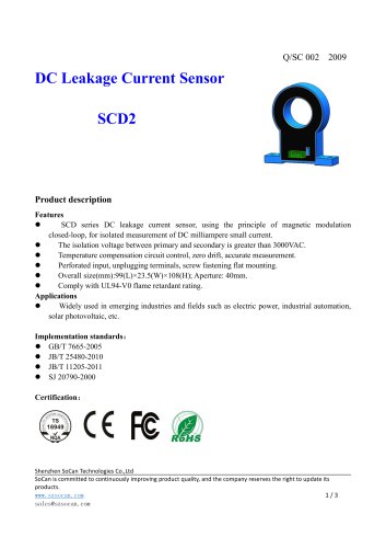 Closed-loop current sensor / DC / leakage current SCD2 Series