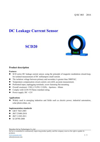 Closed-loop current sensor / DC / leakage current SCD20 Series