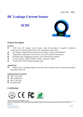 Closed-loop current sensor / DC / leakage current SCD3 Series