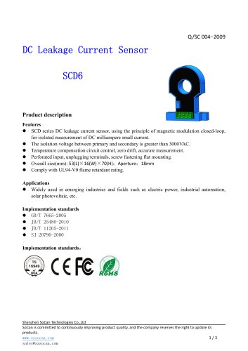 Closed-loop current sensor / DC / leakage current SCD6 Series