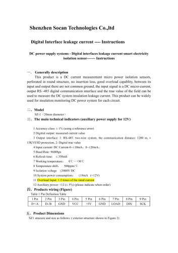 Digital Interface RS485 output leakage current sensor SZ1- Manual
