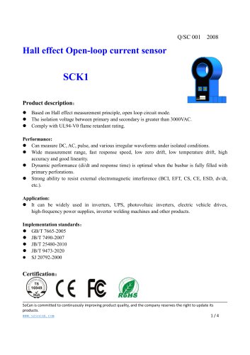 Open-loop Hall effect current sensor / AC / DC ø20, 50 - 500 A | SCK1 series