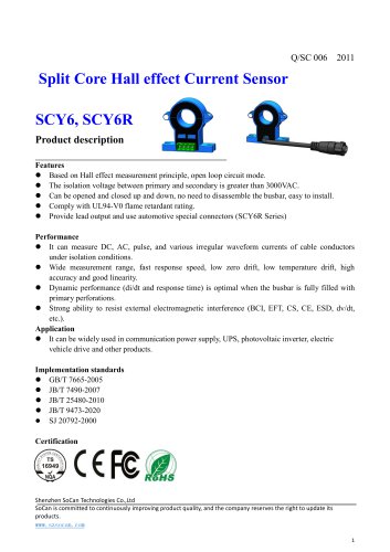 Open-loop Hall effect current sensor / AC / DC ø20, 50 - 500 A | SCY6 series