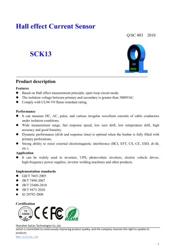 Open-loop Hall effect current sensor / AC / DC, ø60mm, 300..2000 A | SCK13 series