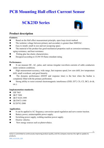 Open- loop Hall effect current sensor / DC /AC, PCB Mount, 10..50A, SCK23D Series