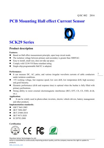 Open- loop Hall effect current sensor / DC /AC, PCB Mount, 200..500A, SCK29D Series