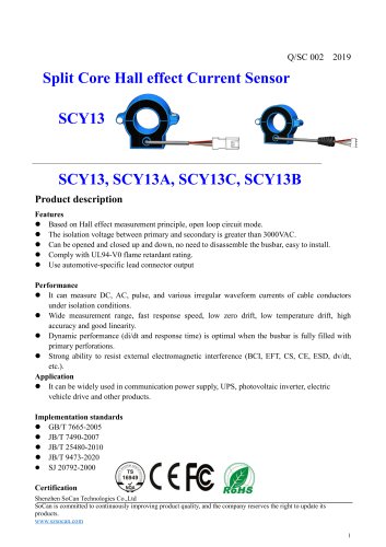 Open-loop Hall effect current sensor with harness/ AC / DC, Split core ø24mm, SCY13 Series