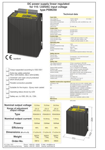 DC power supply linear regulated for 115 / 230VAC input voltage type PSW250