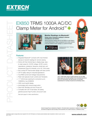 EX850: True RMS 1000A AC/DC Clamp Meter with Bluetooth®