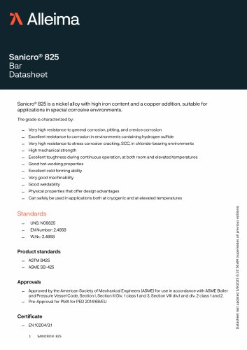 Sanicro&reg; 825 Bar Datasheet