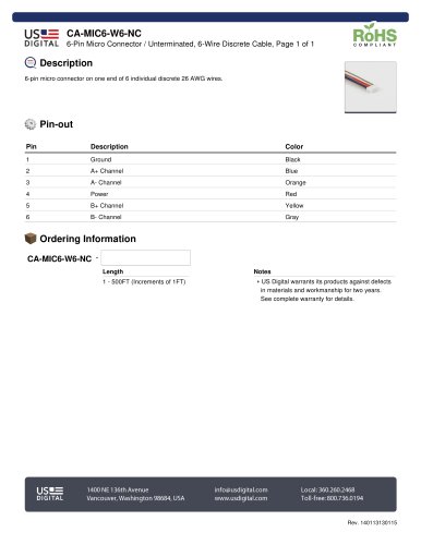 CA-MIC6-W6-NC 6-Pin Micro Connector / Unterminated, 6-Wire Discrete Cable