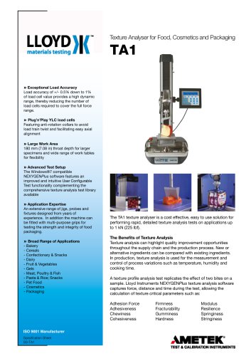 Texture Analyser for Food, Cosmetics and Packaging TA1