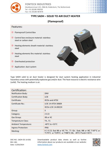 Fonteck SADH Solid to Air Duct Heater