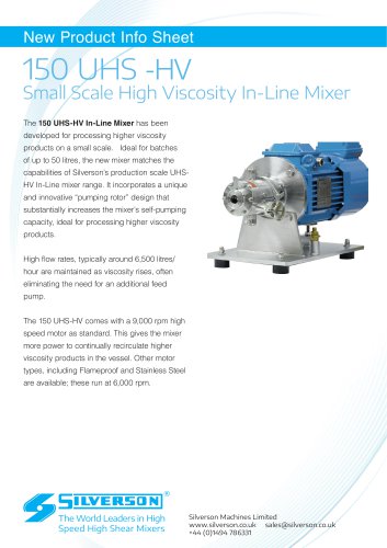 150 UHS-HV High Viscosity Small-Scale In-Line Mixer - New Product Information