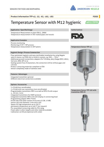 TFP-42, -52, -62, -162, -182 Temperature Sensor with M12 hygienic