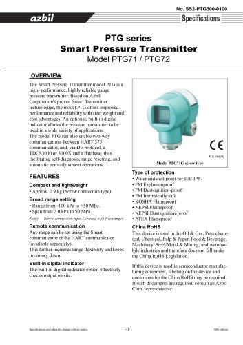 PTG Series Smart Gauge Pressure Transmitters