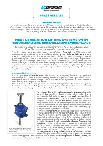 NEXT GENERATION LIFTING SYSTEMS WITH  SERVOMECH HIGH PERFORMANCE SCREW JACKS