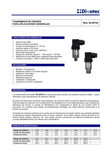 TRANSMISOR DE PRESI&Oacute;N  PARA APLICACIONES GENERALES