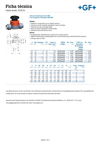 V&aacute;lvula de diafragma 514 ABS Con manguitos encolables ISO/DIN