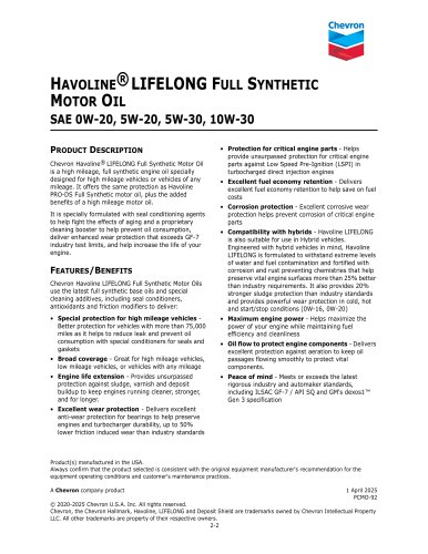 HAVOLINE® LIFELONG FULL SYNTHETIC MOTOR OIL SAE 0W-20, 5W-20, 5W-30, 10W-30