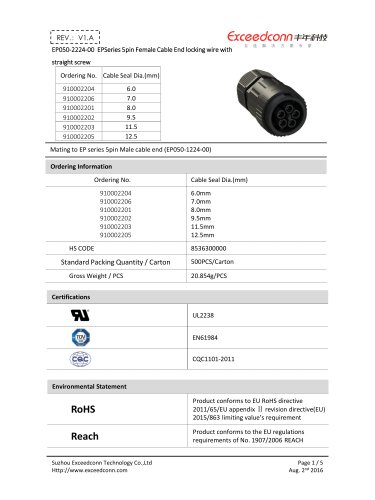 EP050-2224-00 EP Series 5pin Female Cable End locking wire with straight screw