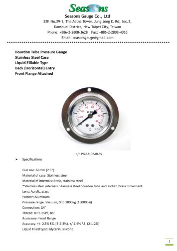 Seasons Gauge 63mm (2.5") Stainless Steel Pressure Gauge with Flange Back Entry