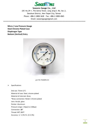 Seasons Gauge 75mm (3") Diaphragm Low Pressure Gauge Bottom Entry