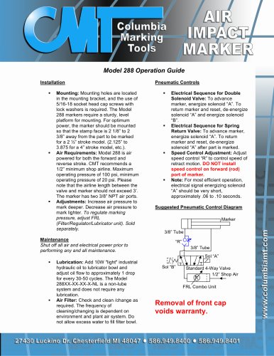 Double Acting Air Impact Marker Model 288 Operation Guide and Parts List