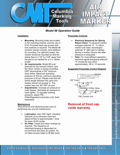 Single Acting Air Impact Marker Model 88 Operation Guide and Parts List