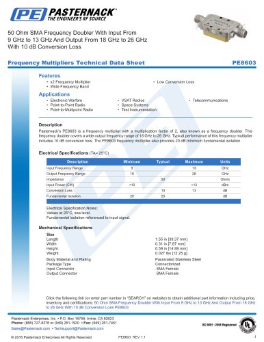 50 Ohm SMA Frequency Doubler With Input From  9 GHz to 13 GHz And Output From 18 GHz to 26 GHz  With 10 dB Conversion Loss