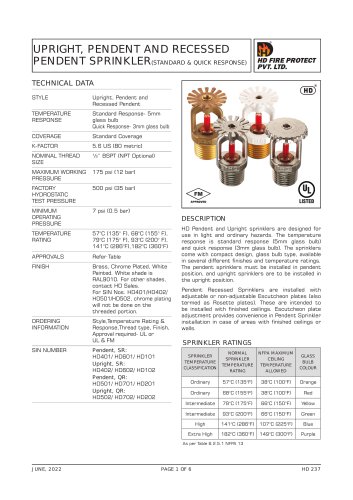 UPRIGHT, PENDENT AND RECESSED PENDENT SPRINKLER(STANDARD & QUICK RESPONSE)