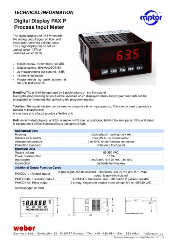 Data sheet Digital Display PAX P Process Input Meter