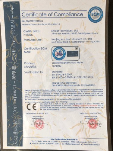 CE certificate of electromagnetic flow meter