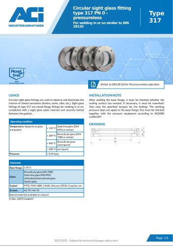 Circular sight glass fitting type 317 PN 0 - pressureless