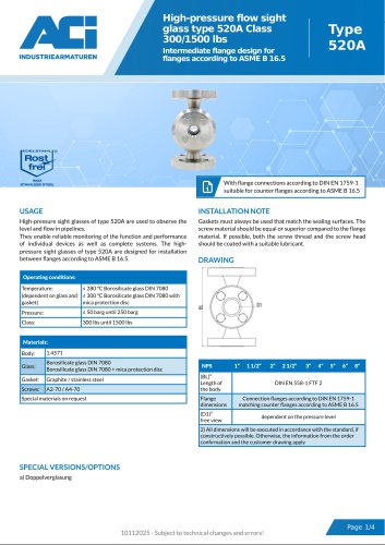 High-pressure flow sight glass type 520A Class 300/1500 lbs