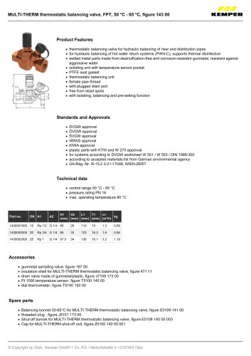 MULTI-THERM thermostatic balancing valve, FPT, 50 °C - 65 °C, figure 143 00