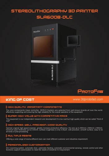 ProtoFab  3D printer SLA 600B DLC  brochure