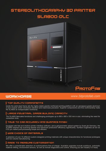 ProtoFab  3D printer SLA 800 DLC brochure