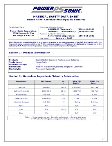 Material Safety Data Sheet NiCd Batteries (MSDS)