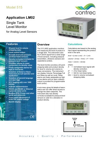 Application LM02 Single Tank Level Monitor for Analog Level Sensors