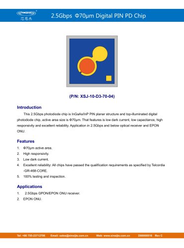 XSJ-10-D3-70-04/2.5Gbps Φ70μm Digital PIN PD Chip/PHOGRAIN