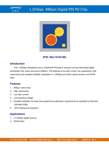 XSJ-10-D3-80/1.25Gbps Φ80μm Digital PIN PD Chip/PHOGRAIN